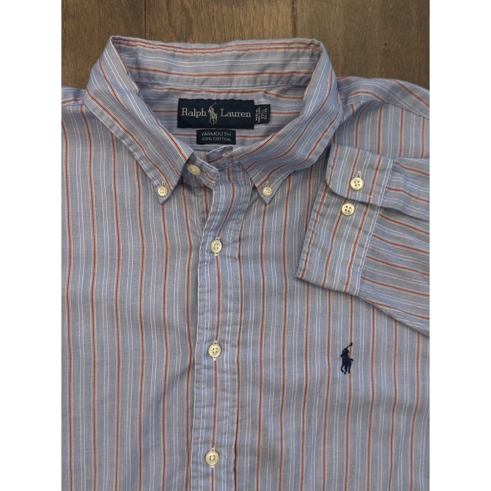 Ralph Lauren Shirt Mens Size 17.5 Blue Striped Yarmouth Button-Up Navy Pony